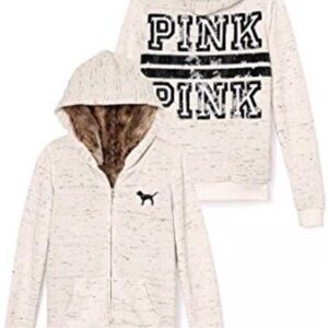 PINK Victoria's Secret Cream Marled Faux-Fur Lined Hoodie
